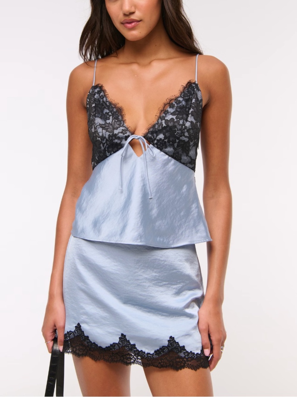 Abercrombie & Fitch Light Blue Satin Slip Skirt Black Lace Trim Size XL